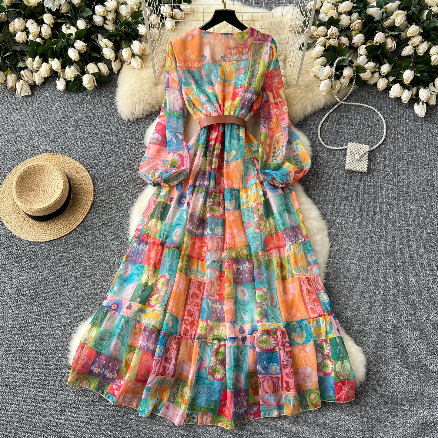 European and American style two-piece lantern sleeve button-down top high waist printed mesh skirt R2314