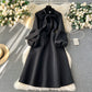 European and American high-end party dress bow tie lantern long sleeve waist big swing dress R2351