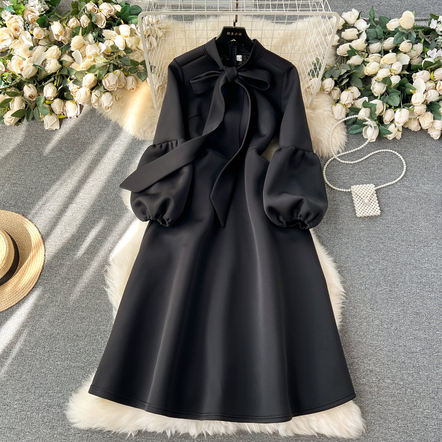 European and American high-end party dress bow tie lantern long sleeve waist big swing dress R2351