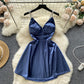 High-grade satin pearl suspender skirt new style niche waist V-neck sexy pure desire dress R2283