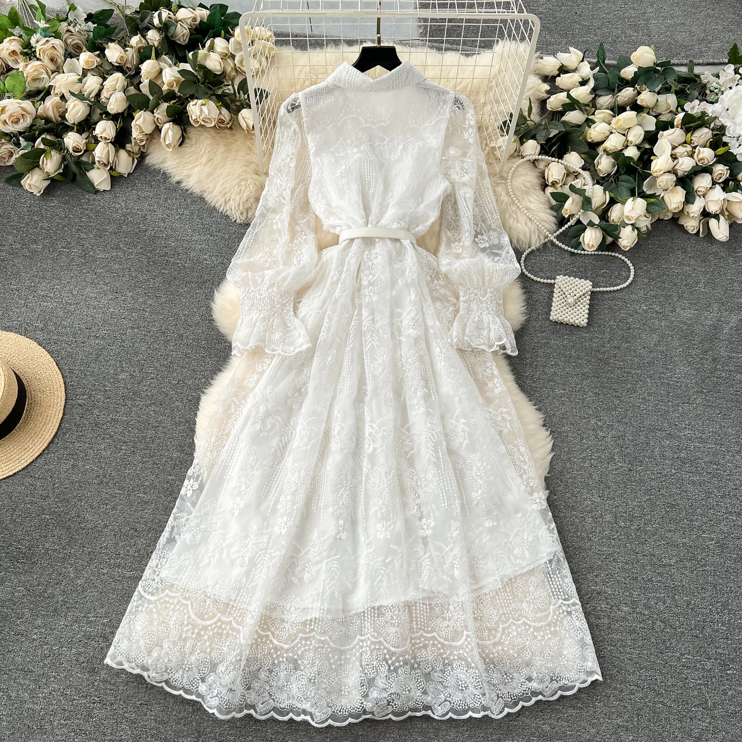French court style dress with ruffled edges, slim-fitting long lace dress, high-end dress R2304