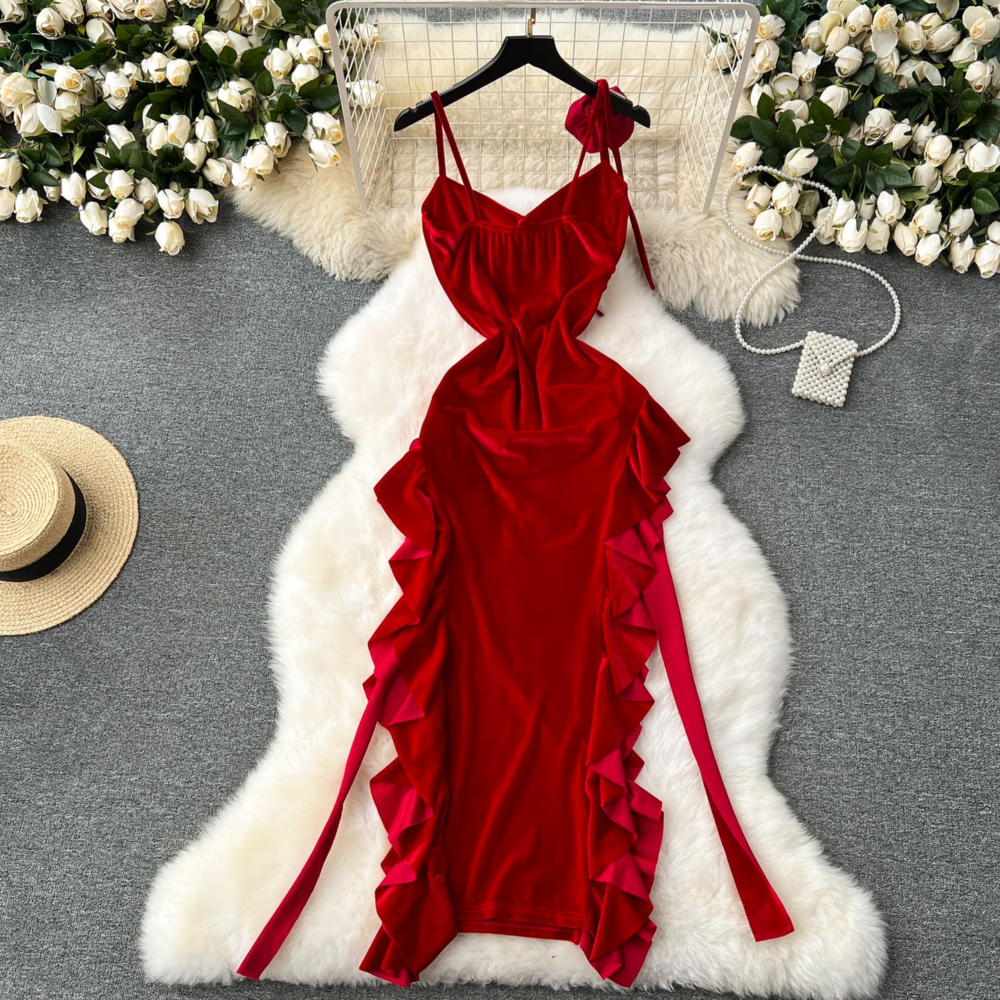 Red dress French retro velvet toast dress sexy heavy three-dimensional flower slit dress R2316