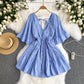 Holiday style 2025 new niche sexy deep V-neck lace patchwork waist flared sleeve dress R2269