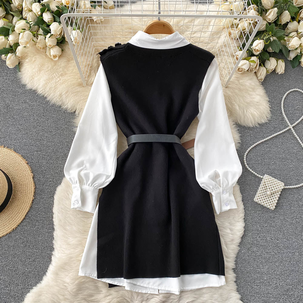 French style small white shirt dress knitted vest vest dress layered waist two-piece suit R2332