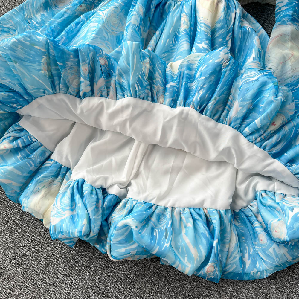 Sweet hot girl lantern sleeve waist backless puffy floral dress princess petite short skirt R2327