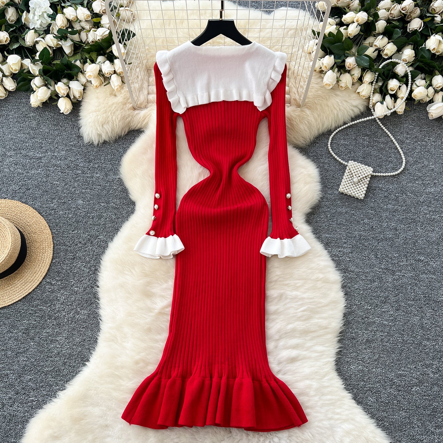 French retro contrast color doll collar waist knitted dress elastic slim fit skinny ruffled long skirt R2344