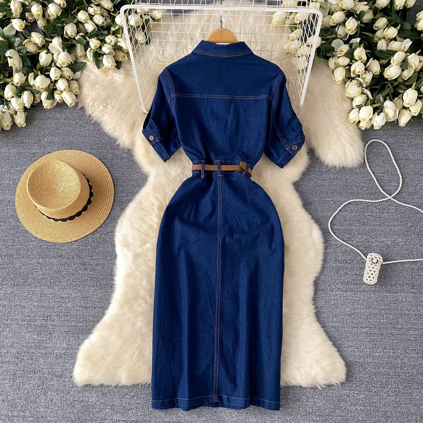 Light luxury high-end Polo collar denim dress split waist belt design niche long skirt R2333