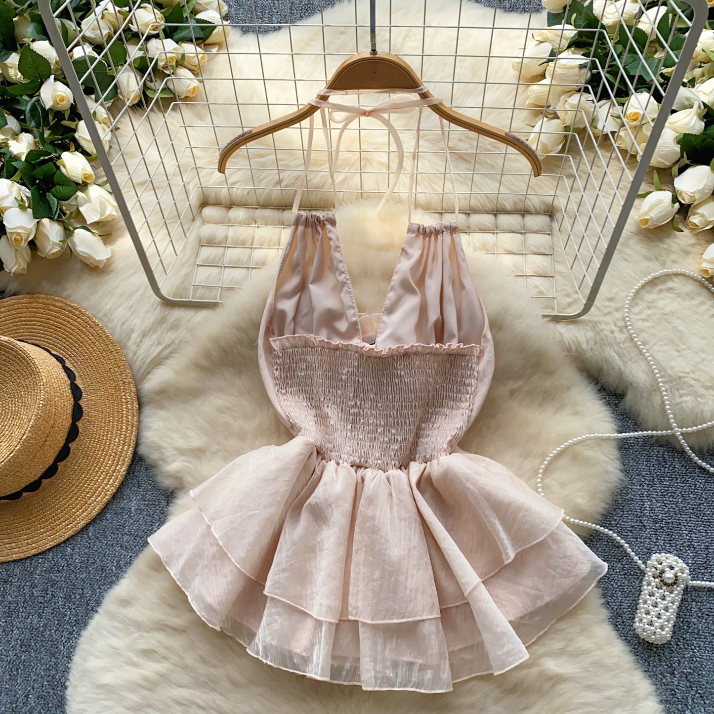 French style pure sexy hollow halter neck lace-up three-dimensional flower waist vest R2335