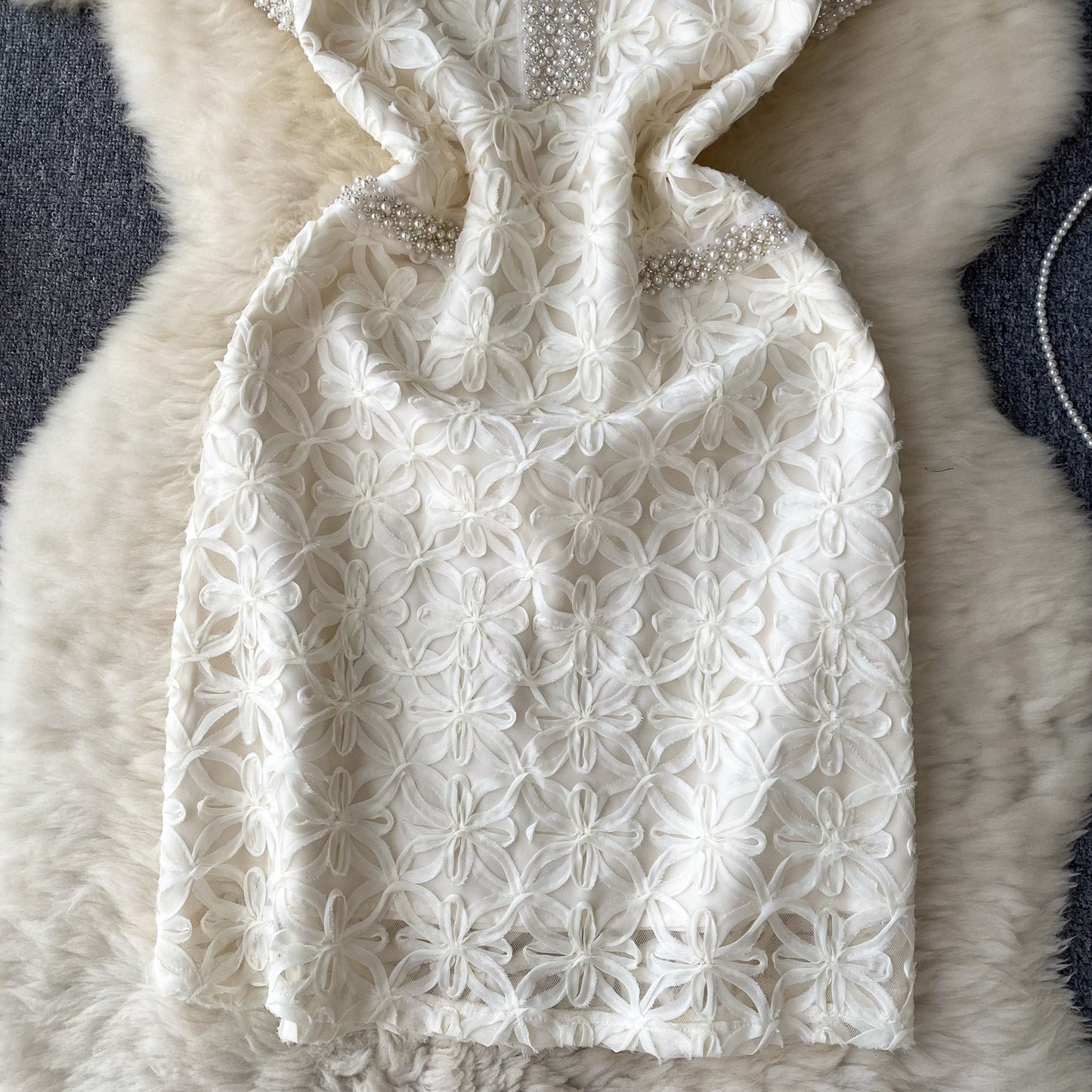 French beaded lace hook flower short sleeve dress high waist slim temperament short skirt R2276