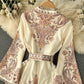New ethnic style stand-up collar trumpet sleeves printed dress waist knee-length skirt R2334