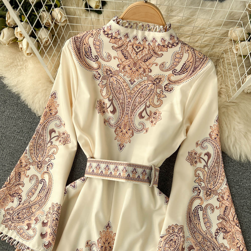 New ethnic style stand-up collar trumpet sleeves printed dress waist knee-length skirt R2334