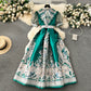 Retro palace style dress with printed straps and waisted long French puff sleeves R2312