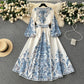 European and American palace style printed V-neck lantern long sleeve tie waist wide swing dress R2307