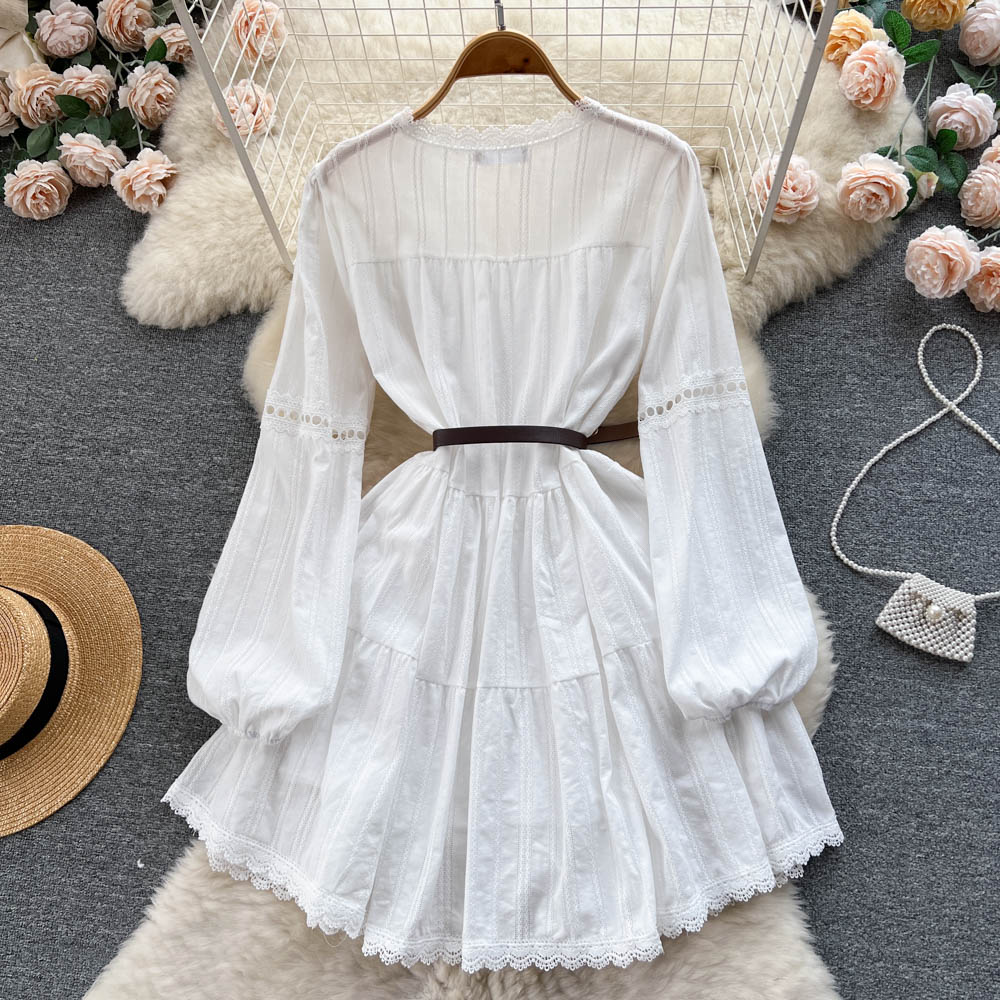 Lace hollow waist baby doll princess dress long sleeve white dress holiday style fairy dress R2345