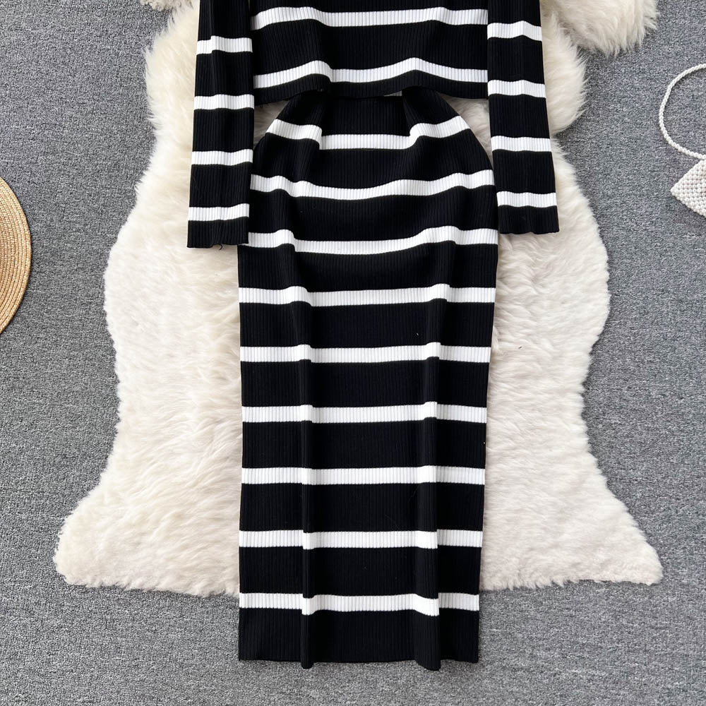 Pear-Shaped Body Two-Piece Suit Knitted Cardigan Jacket Striped Suspender Slim Fit Dress R2309