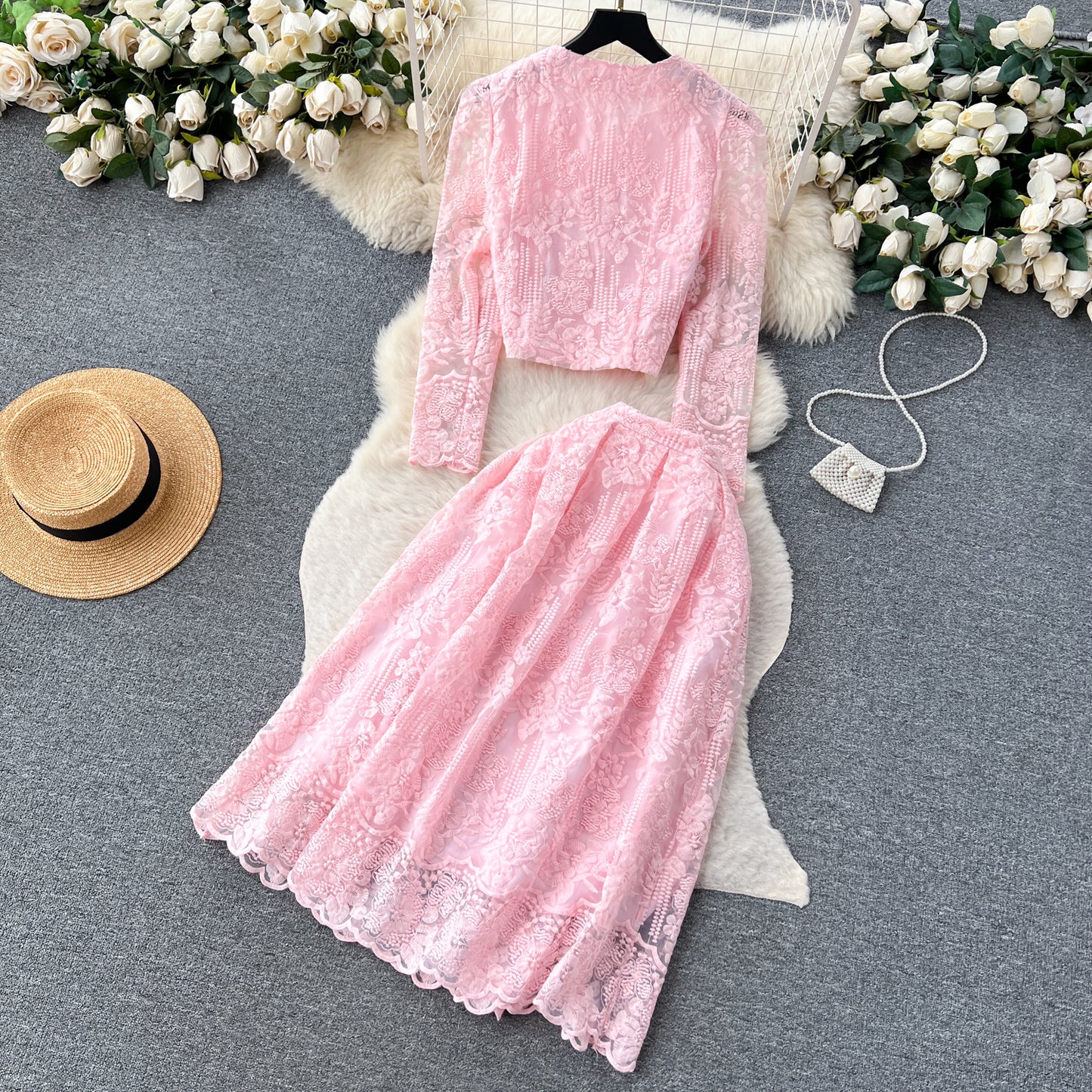 Chanel style suit short round neck puff sleeve lace top high waist wide skirt two-piece suit R2323