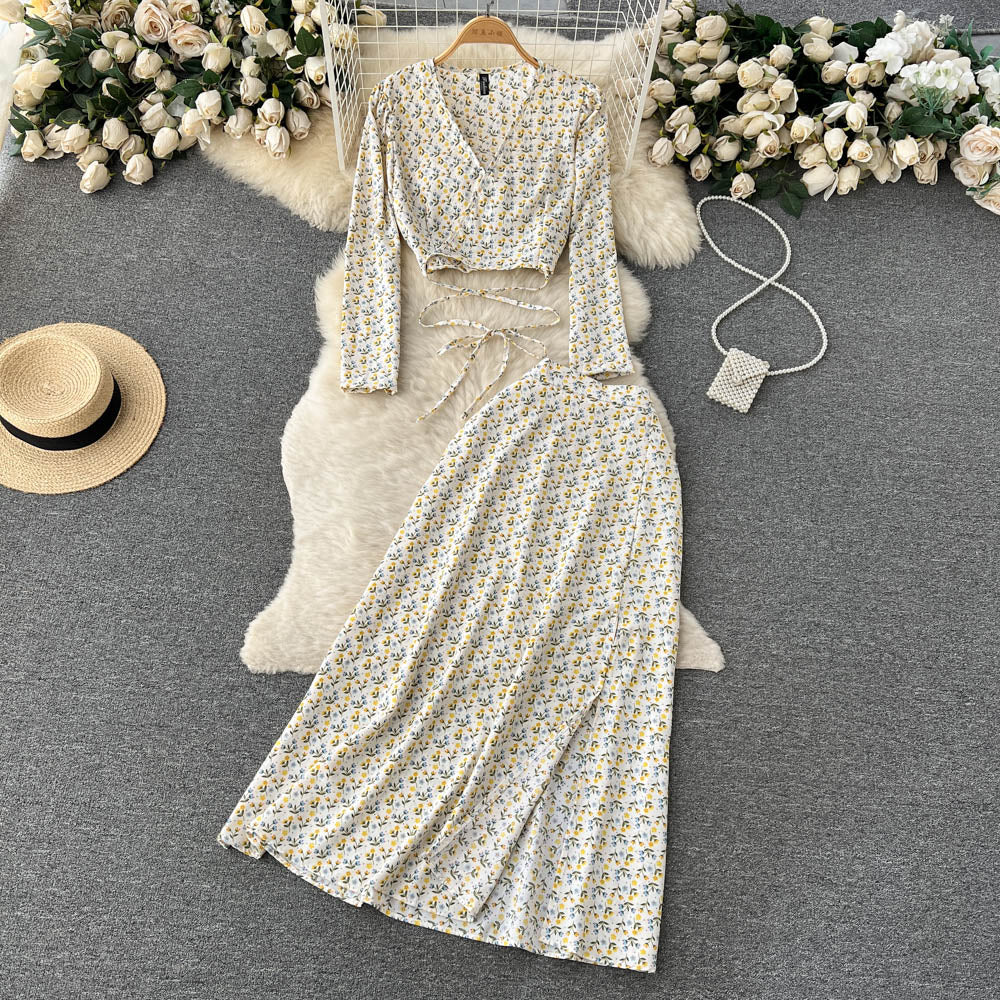 Holiday style retro floral suit long-sleeved French slim V-neck top + split skirt two-piece suit R2271