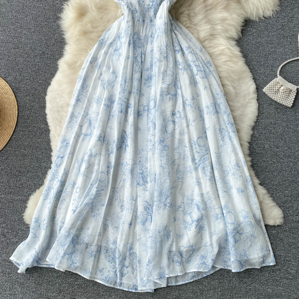 French floral dress summer dress 2025 new square collar niche waist tangerine first love skirt R2301