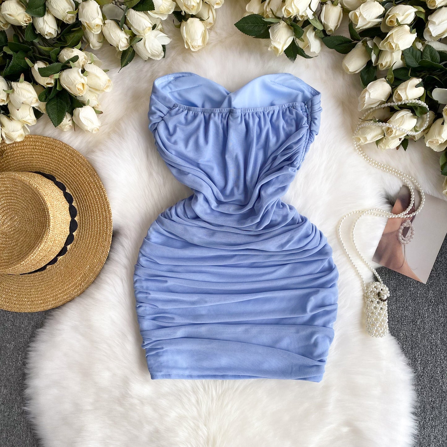 Sexy sleeveless tube top dress pure desire hot girl pleated slim hip small mesh skirt R2328