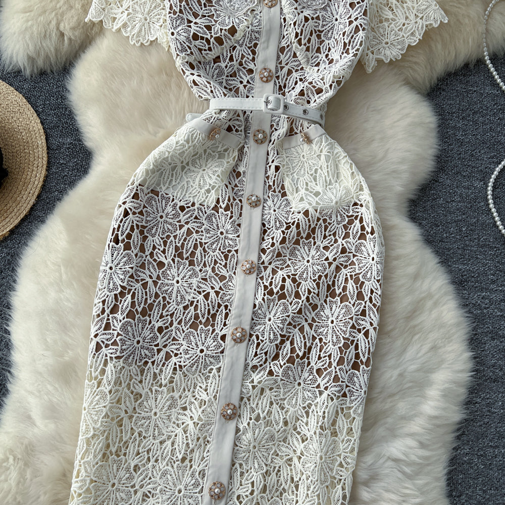 Chanel style dress with short sleeves, short-sleeved, single-breasted lace crochet long skirt R2300