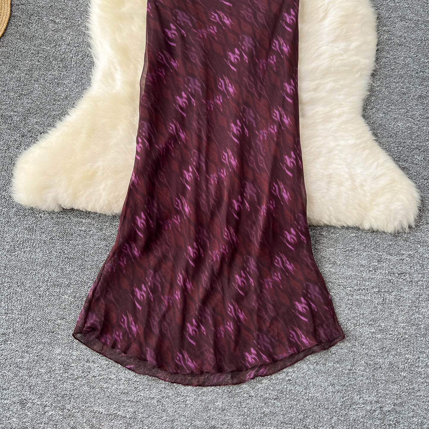 Elegant dress design V-neck ruffled halter neck tie waist slimming printed chiffon dress R2284