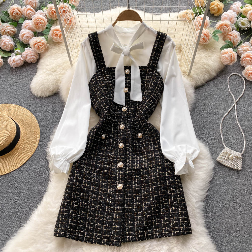 Temperament bow tie long-sleeved white shirt two-piece suit plaid suspender dress R2340
