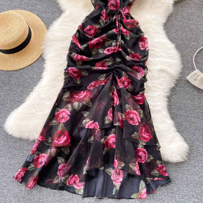 2025 new style celebrity chiffon printed dress temperament ruffled fishtail dress skirt R2267