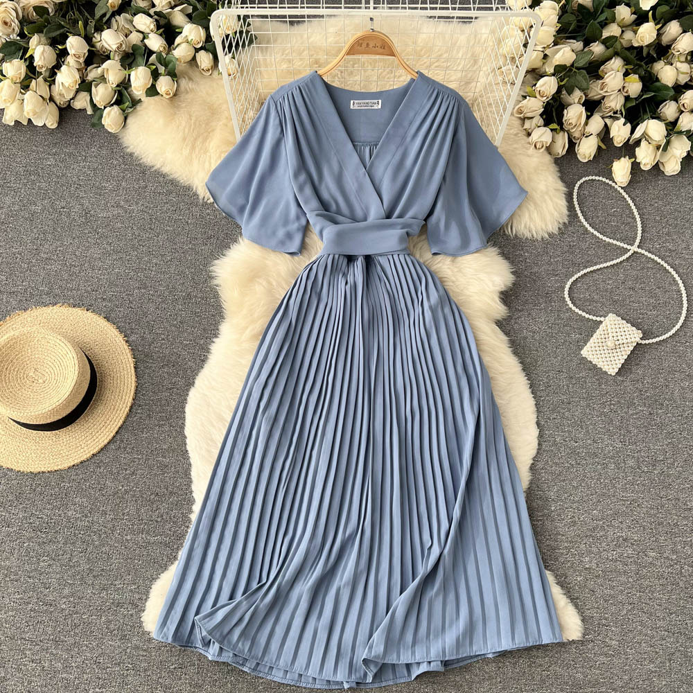 French slim fit long holiday style chiffon pleated maxi dress temperament V-neck dress R2353