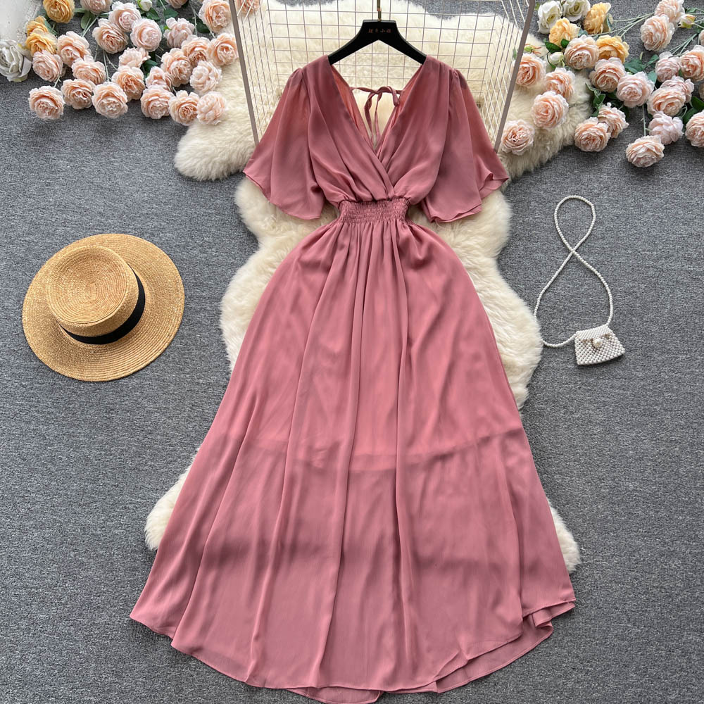 Chiffon dress 2025 new style temperament V-neck elastic waist slim long holiday beach dress R2280