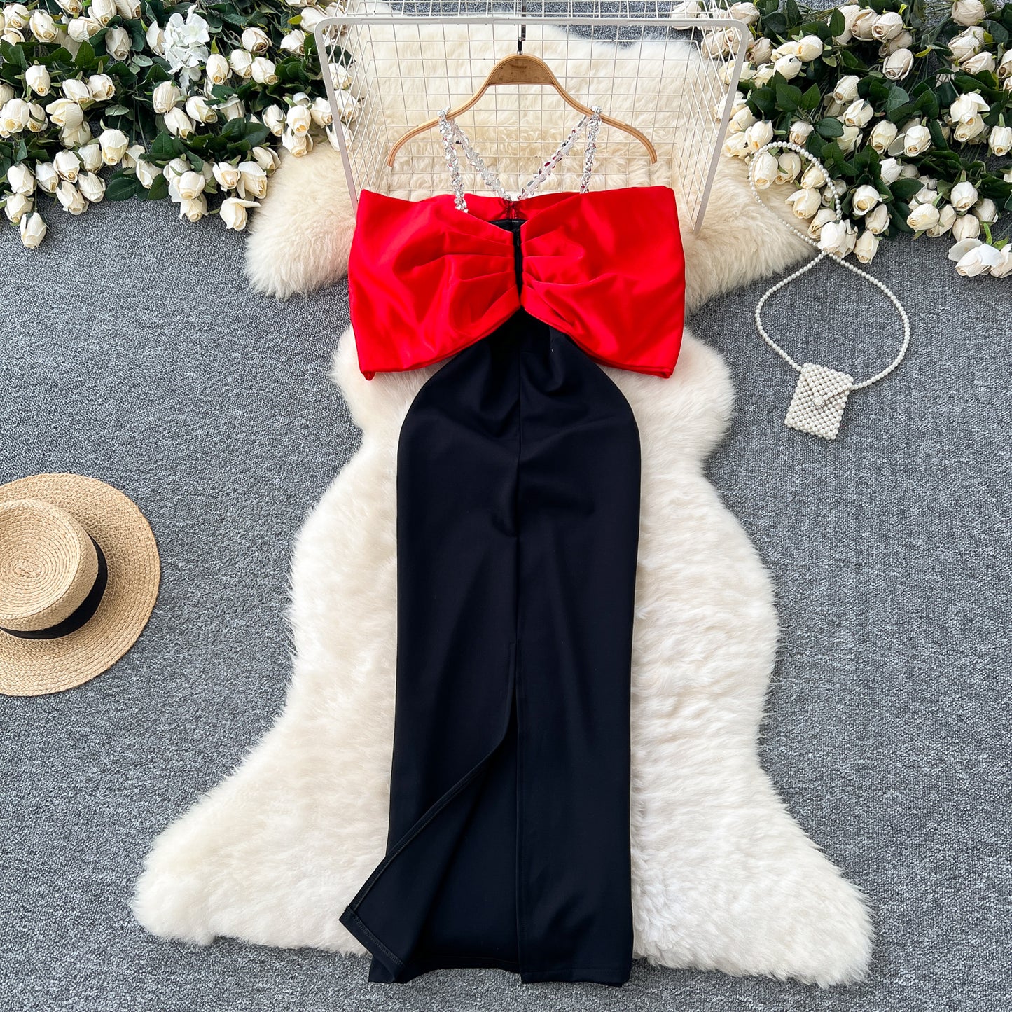 Evening dress high-end dress diamond-studded halter neck bow slim dress R2329