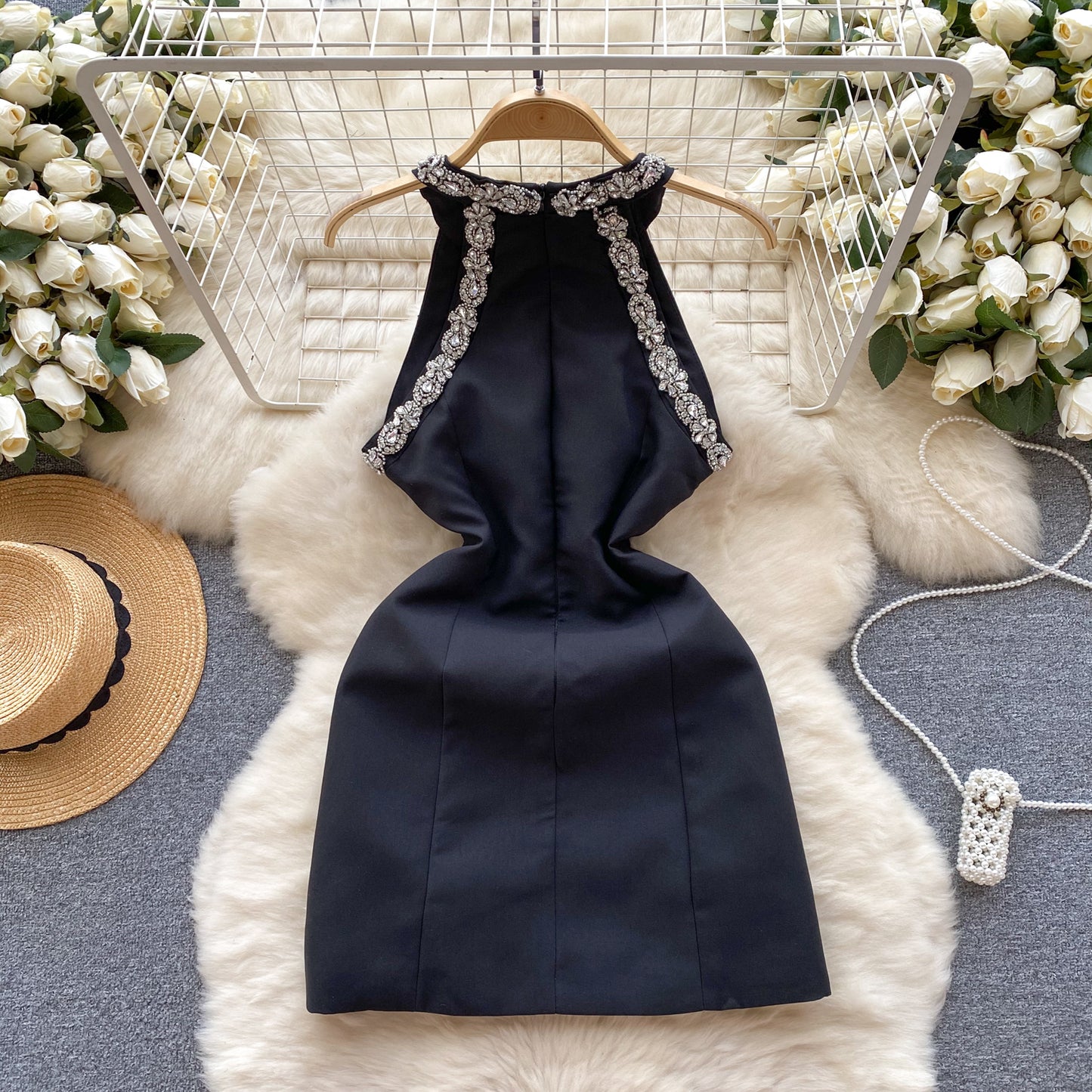 Small dress high-end niche beaded tassel slim short heavy diamond-studded halter dress R2338