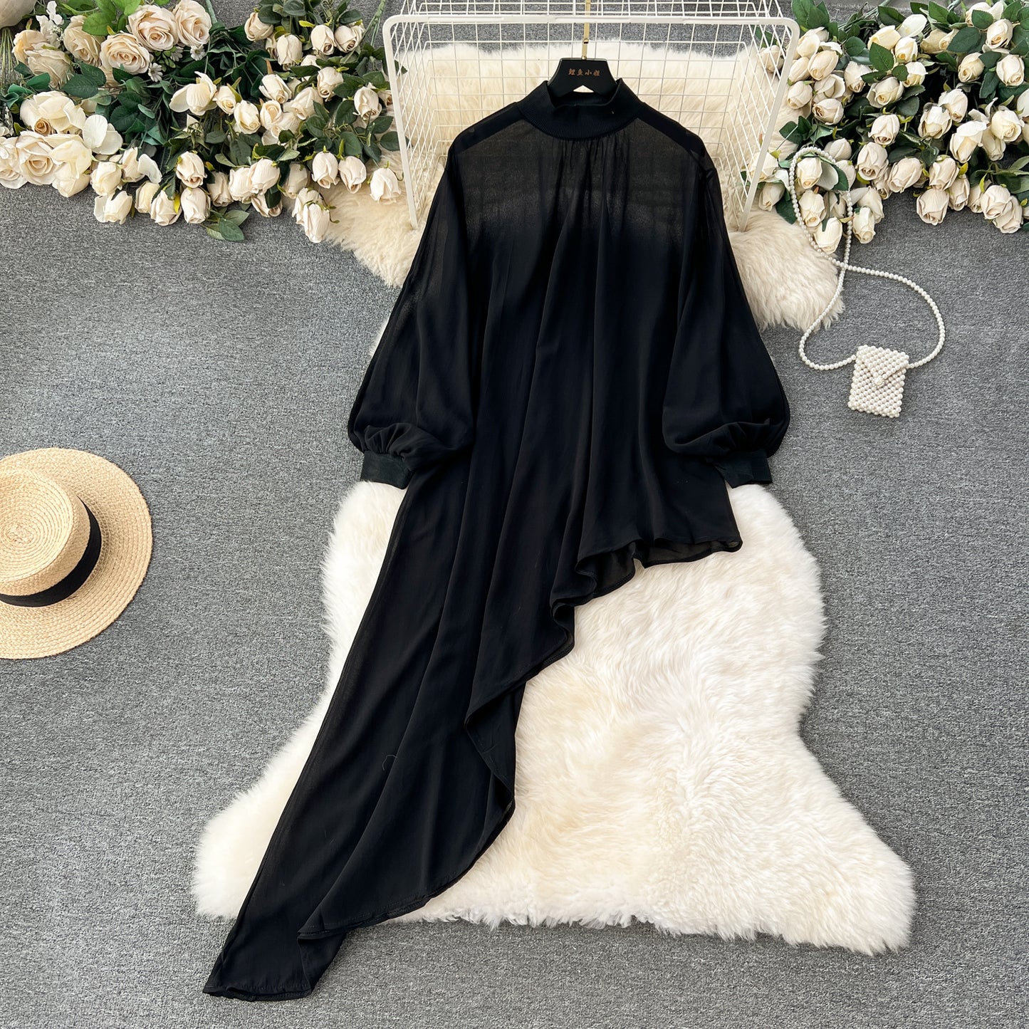 European and American large size chiffon design irregular mid-length puff sleeve dress R2326