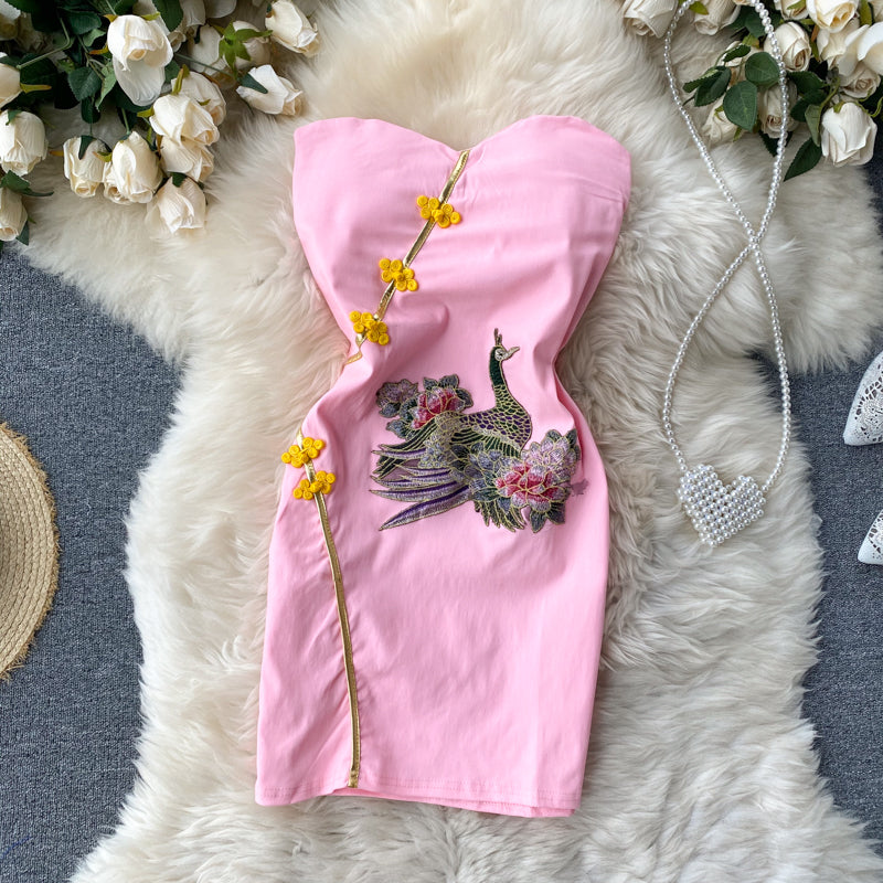 Chinese style modified cheongsam dress one shoulder slim fit temperament sexy hip short skirt R2317