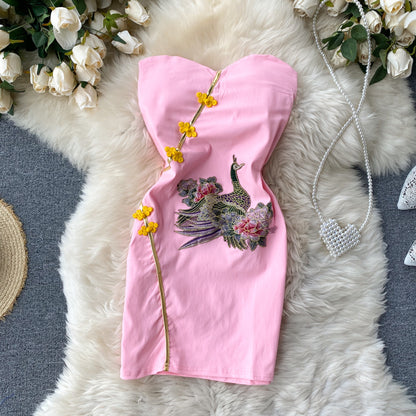 Chinese style modified cheongsam dress one shoulder slim fit temperament sexy hip short skirt R2317