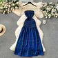 Sexy tube top plaid skirt sweet wood ear edge elastic slim long slit dress R2330