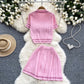 New versatile knit sweater two-piece suit short-sleeved top + high-waist pleated skirt R2305