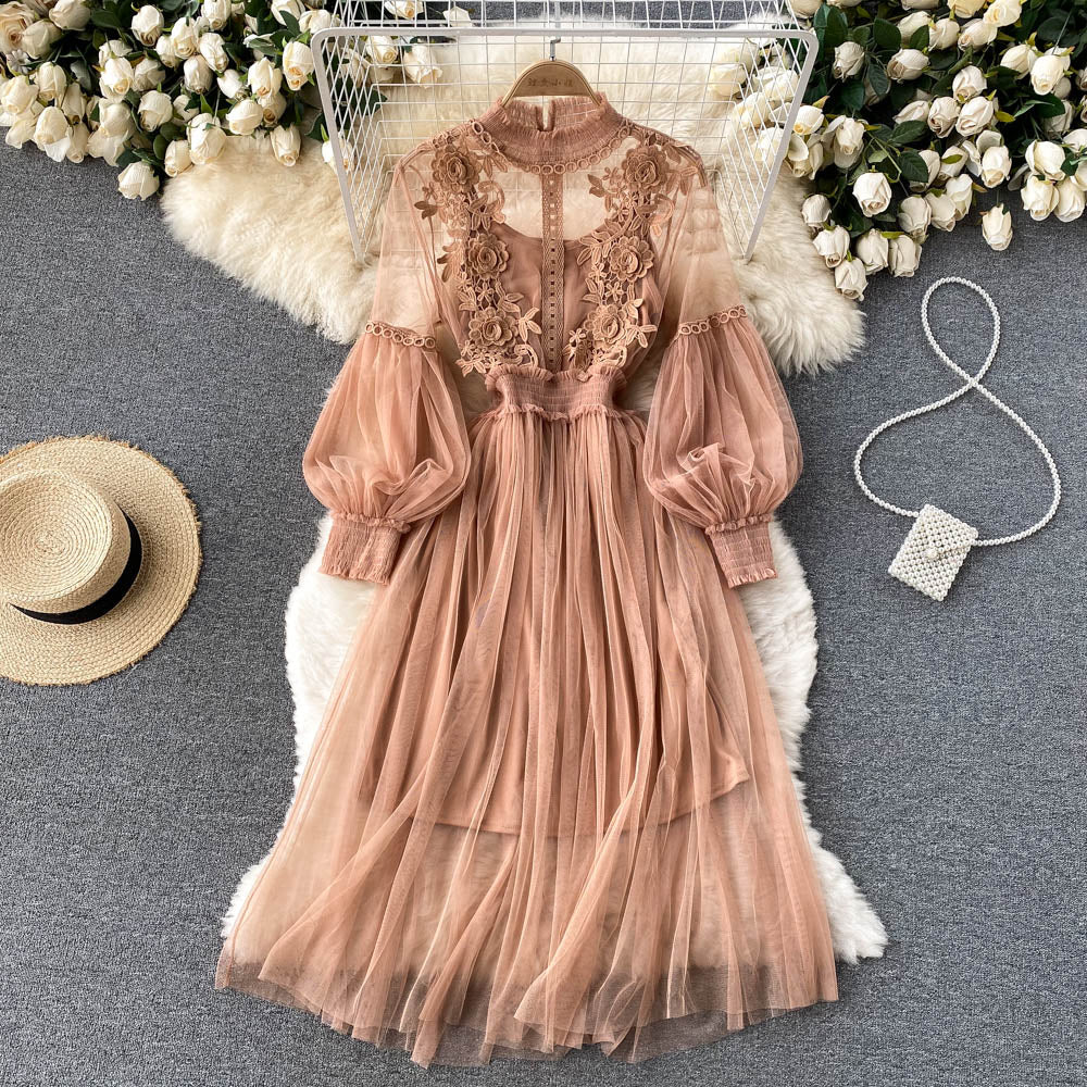 Three-dimensional flower mesh elegant stand-up collar lantern sleeve high waist suspender dress R2348