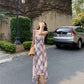 Gentle temperament purple plaid suspender dress beautiful waist A-line long skirt R0734