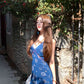 V-neck blue floral suspender dress shows figure and waist A-line short skirt R0522