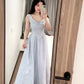 Blue jacquard suspender dress with a slender neckline and a fluffy long skirt. R0524
