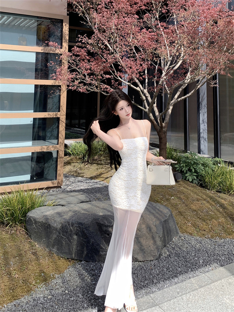 White lace suspender dress beautiful waist hip skirt R0526