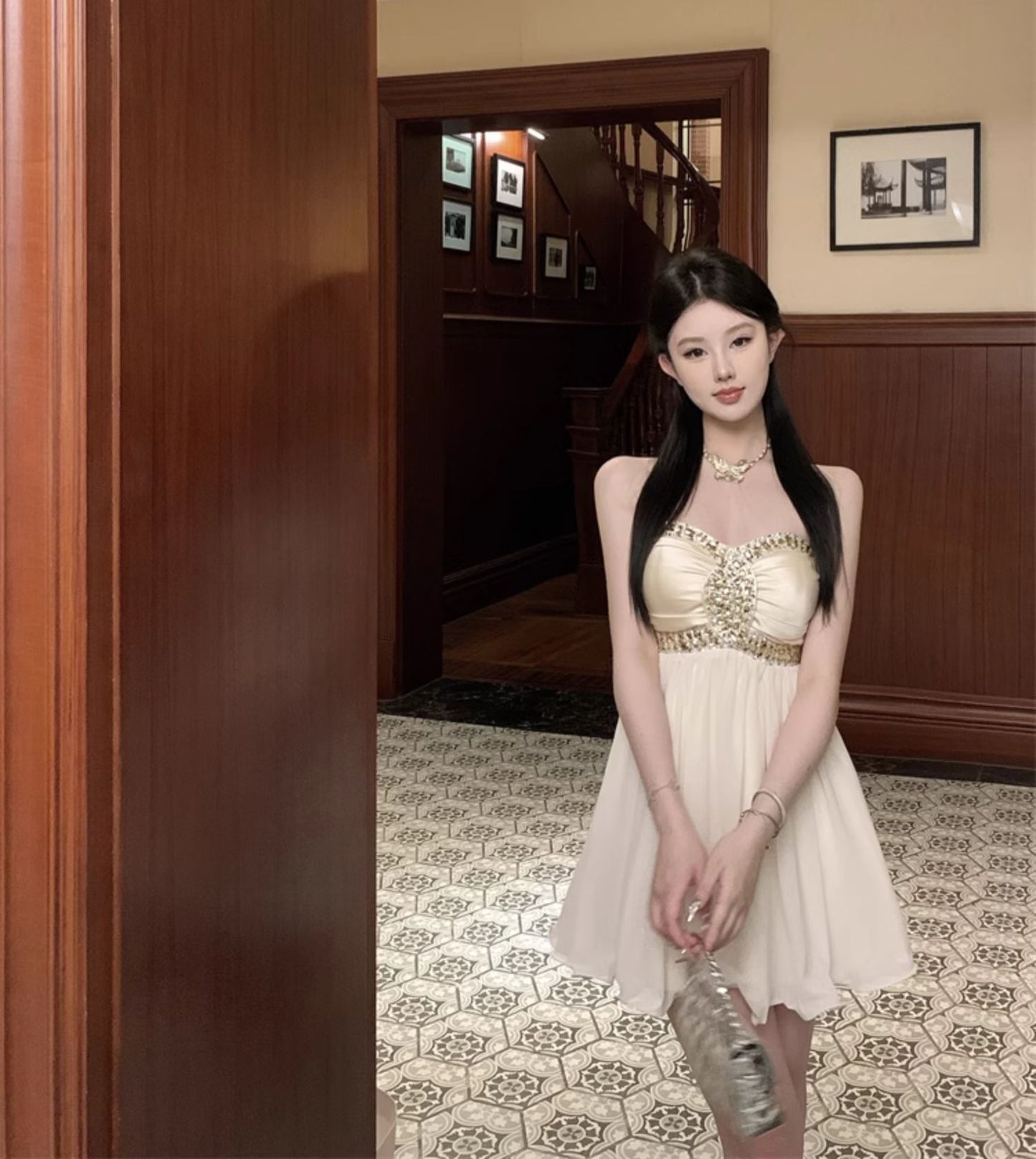 Sexy one-shoulder tube top dress with diamonds R0538