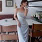 Satin chain suspender dress French waist high-end slit irregular skirt R1497