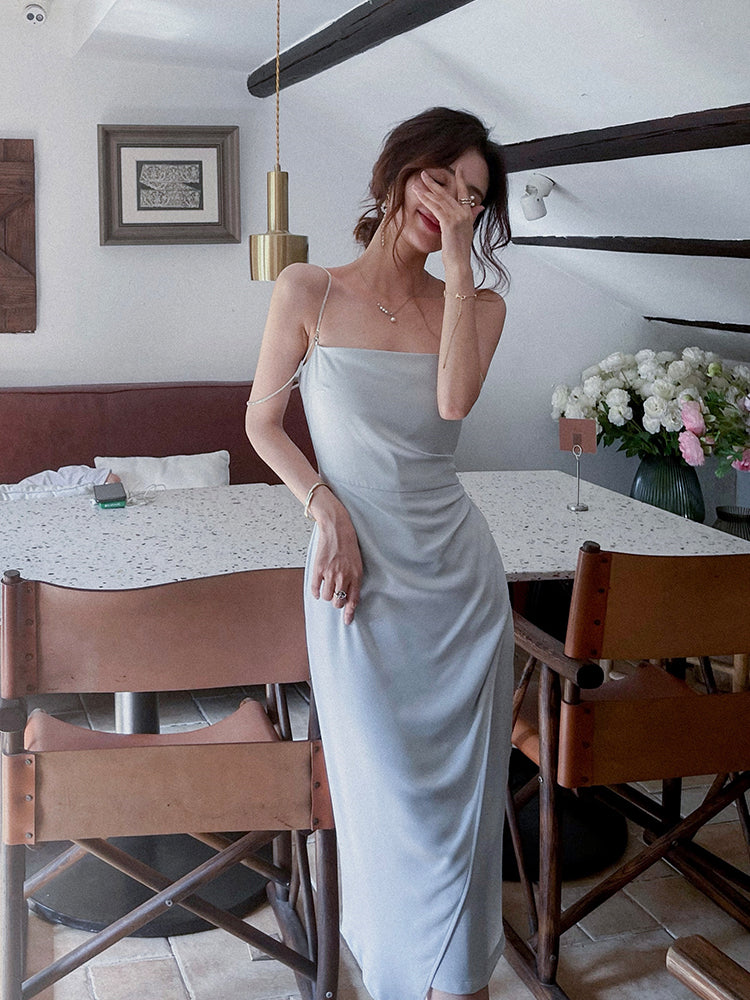 Satin chain suspender dress French waist high-end slit irregular skirt R1497