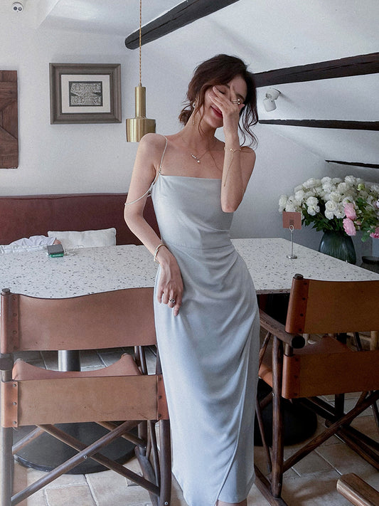 Satin chain suspender dress French waist high-end slit irregular skirt R1497