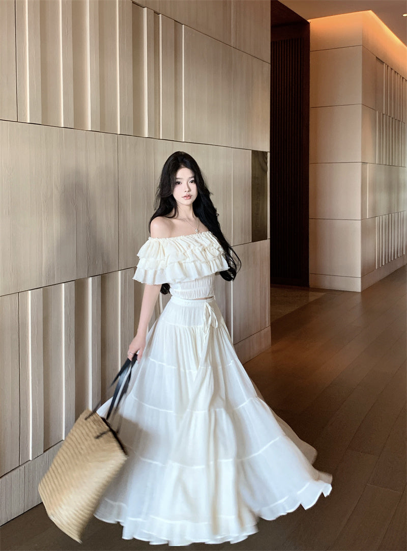 Summer beautiful one-shoulder short top a-line skirt beautiful two-piece suit R0853