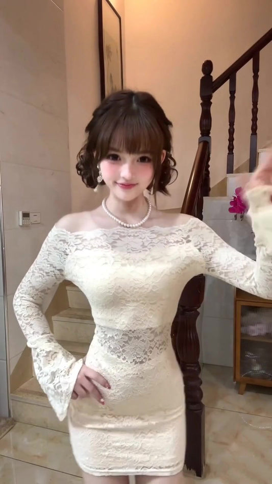 Gentle style lace one-shoulder dress beautiful waist slim hip skirt 2025 new R0855