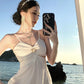 White hollow suspender dress gentle temperament waist backless A-line long skirt R0596