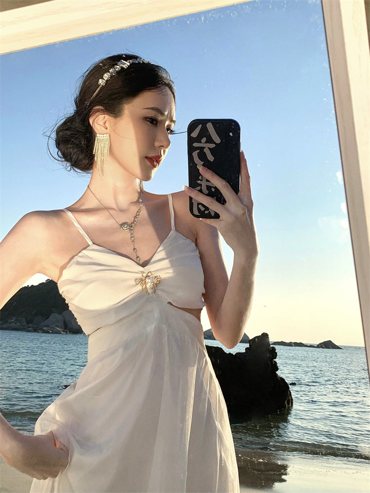 White hollow suspender dress gentle temperament waist backless A-line long skirt R0596
