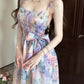 Oil painting floral suspender dress with elegant waist and beautiful small skirt R0597